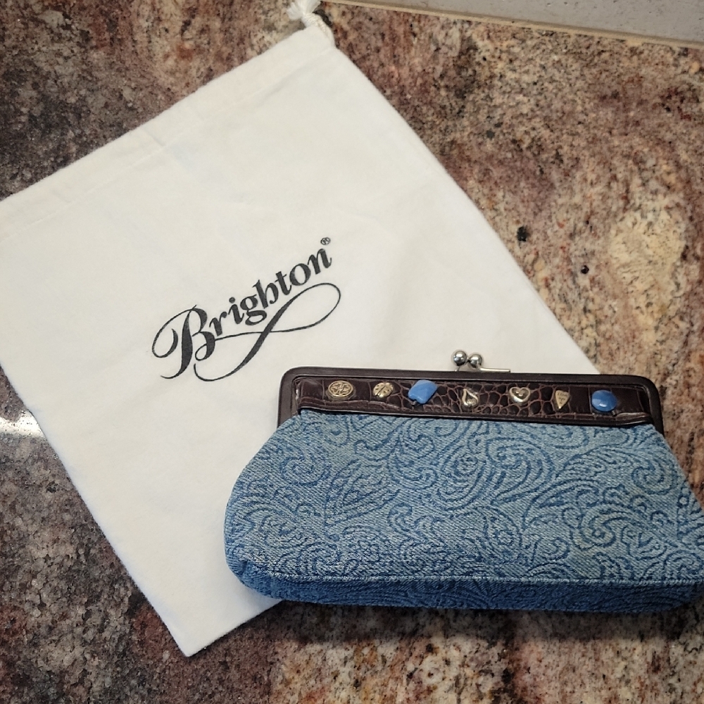 Brighton Light Blue Denim Paisley Fabric Clutch with Embellished Frame
